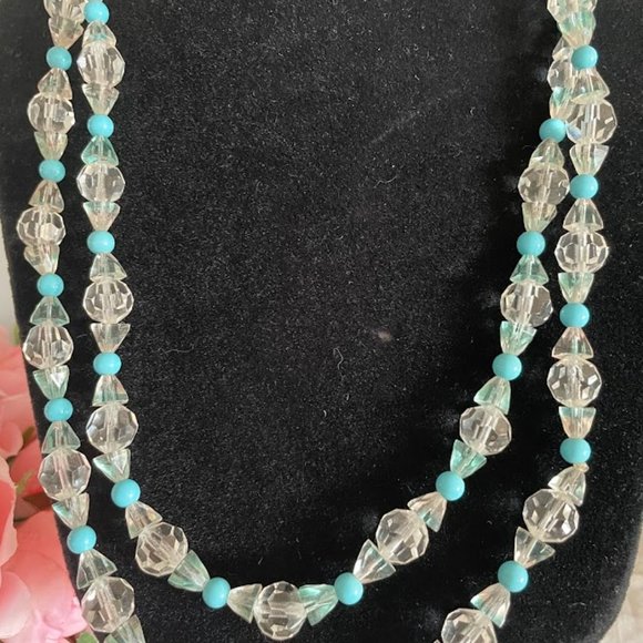 1970s Boho Clear Crystal and Blue Bead Long Necklace - Picture 4 of 10